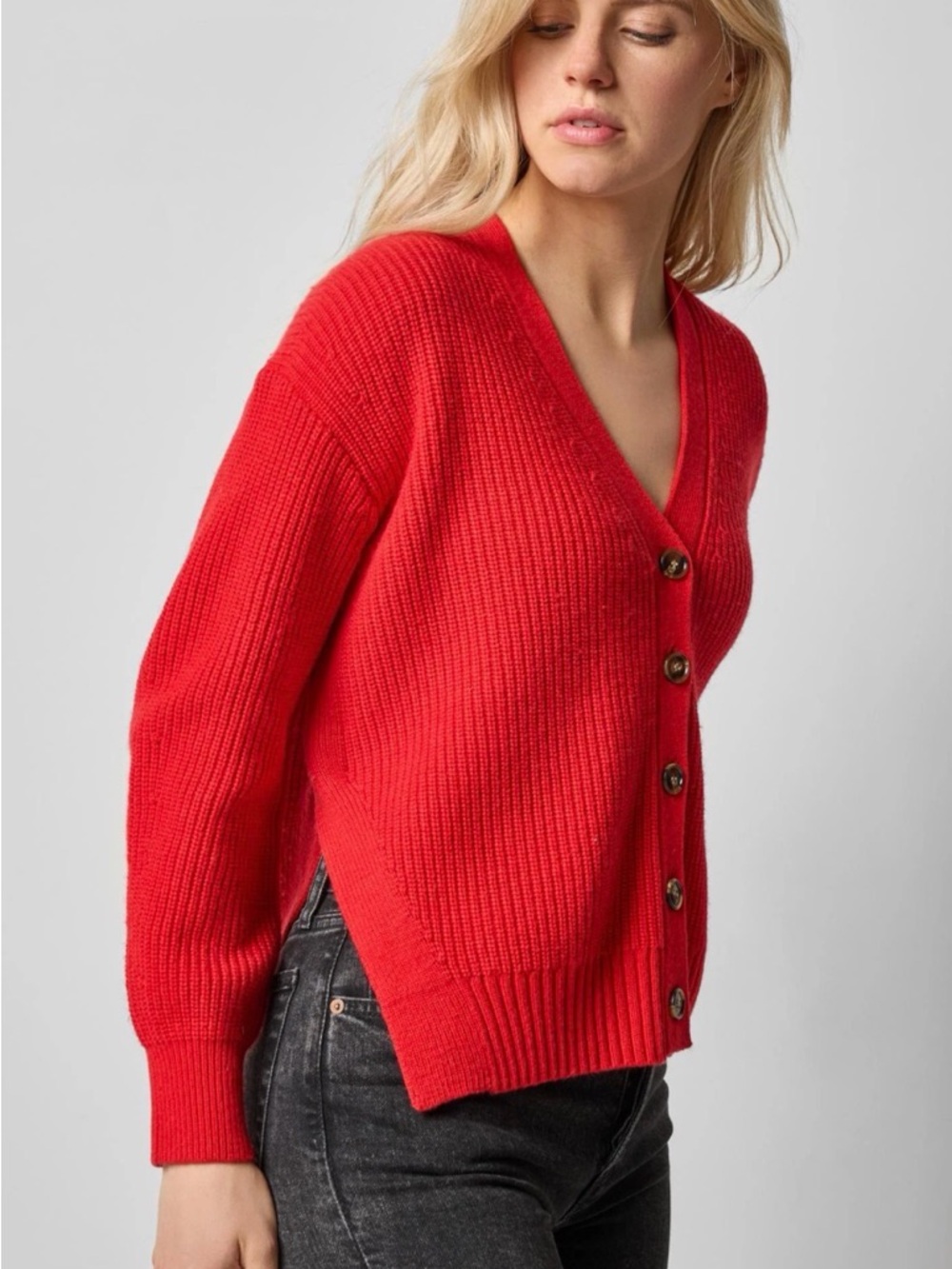 Lilla P Red Ribbed V-Neck Button Cardigan